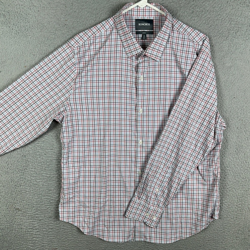 Bonobos Shirt Men XL Short Red Blue Slim Fit Button Up Plaid Long Sleeve Stretch